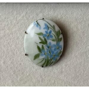 Antique Hand-Painted Porcelain Brooch Oval Blue Floral Forget Me Not
